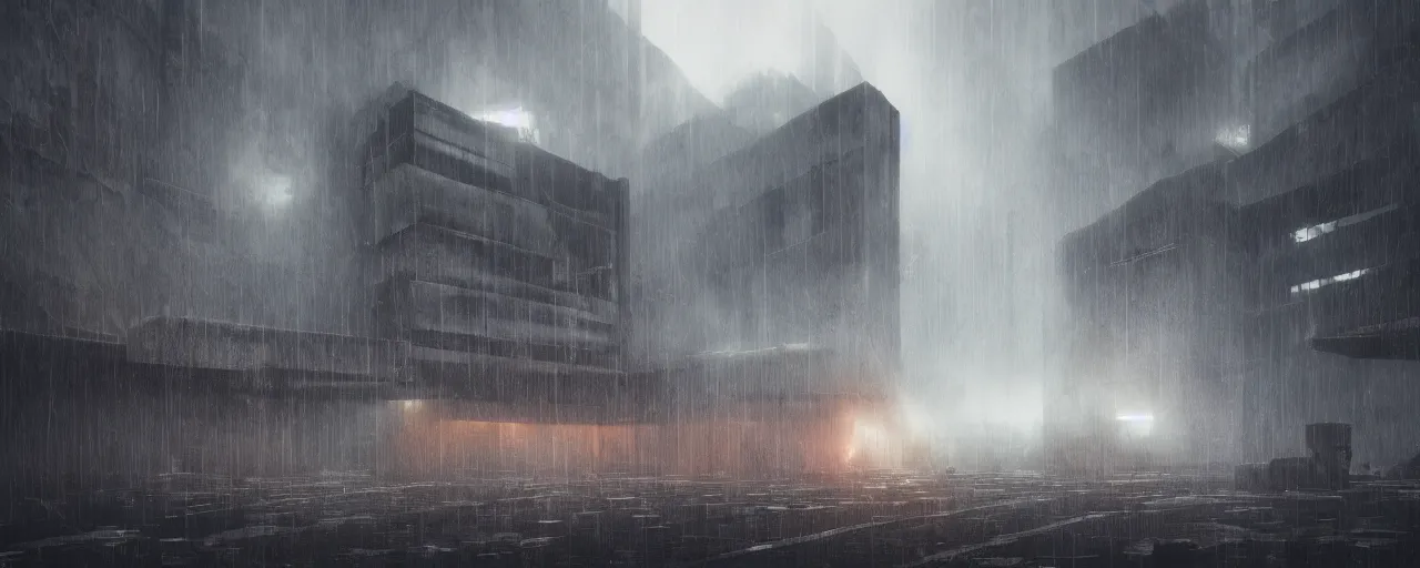 Image similar to brutalist architecture, metal, concrete, mist, rain, night, dramatic lighting, lightning bolt, trending on Artstation, 8k, highly realistic, hyper detailed, unreal engine 5, IMAX quality, realistic, cinematic, epic lighting, realistic, in the style of Greg Rutkowski