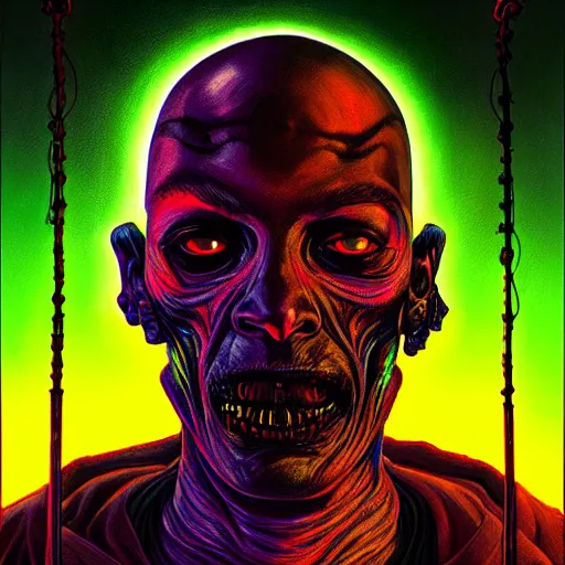 Image similar to a death tarot featuring a haitian voodoo priest with menacing eyes, blacklight neon colors, by anton semenov and android jones in cyberpunk voodoo style, oil on canvas, 8k