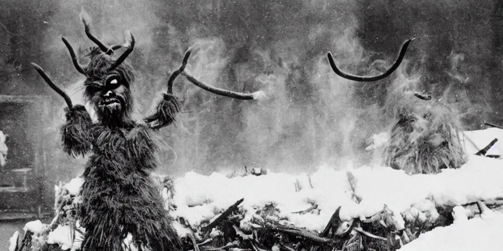 Image similar to 1 9 2 0 s photography of krampus hay monster burning on a pyre, submerged in snow