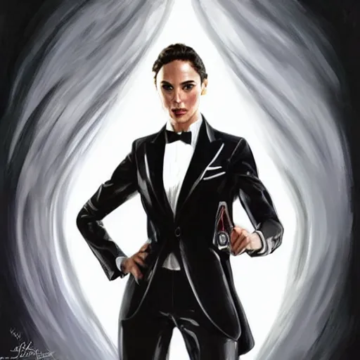 Prompt: gal gadot as james bond wearing a tuxedo, portrait, highly detailed, digital painting, artstation, concept art, sharp focus, illustration, art by artgerm and greg rutkowski and alphonse mucha