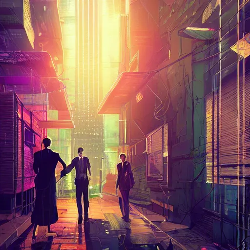 Image similar to two cyberpunk businessmen, detailed digital illustration by greg rutkowski, cyberpunk back alley, nighttime, colorful lighting, android netrunner