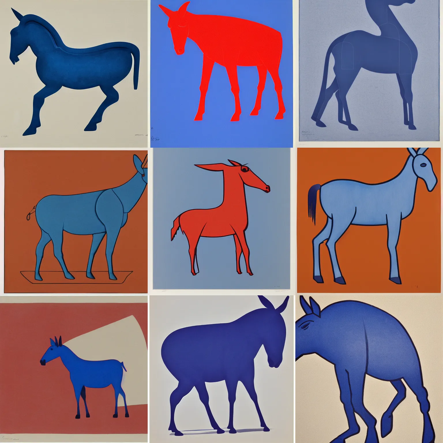 Prompt: lithograph side view of standing donkey, duotone, cycladic sculptural style, flat colors, iconic, simplified, ultramarine blue and red iron oxide