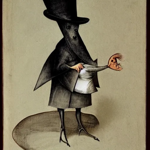 Prompt: Hieronymus Bosch creature wearing a suit and top hat