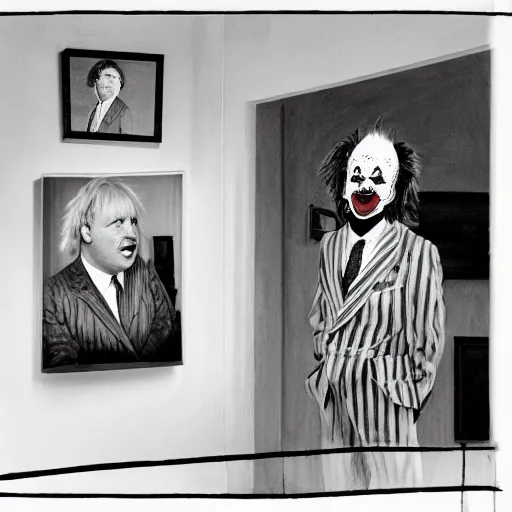 Image similar to a highly detailed fine art portrait of british prime minister boris john wearing a clown costume. in the style of edward hopper, richard hamilton and stanley kubrick.