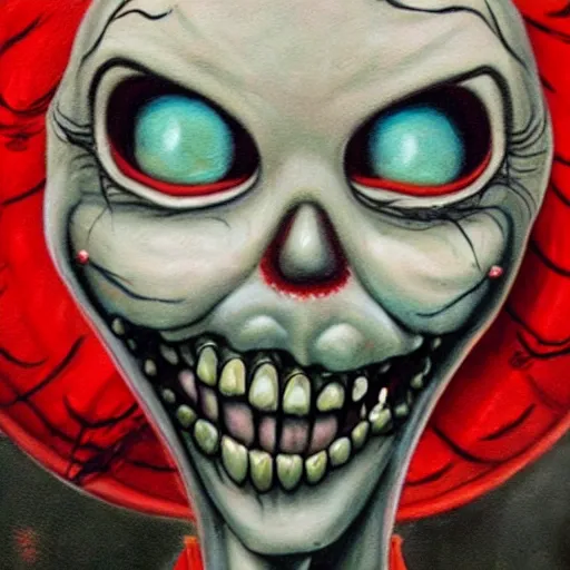 Image similar to grunge painting of the rake with a wide smile and a red balloon by chris leib, loony toons style, pennywise style, corpse bride style, horror theme, detailed, elegant, intricate