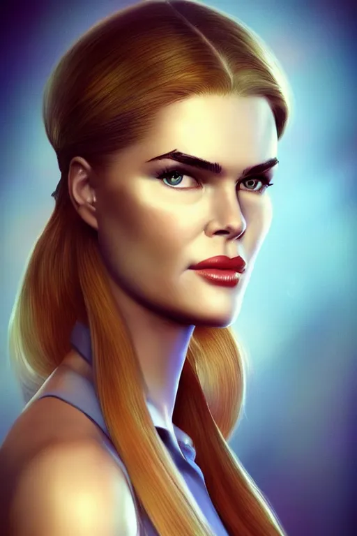 Image similar to mix of beautiful young maria shriver, mariel hemmingway, brooke shields, nicole kidman and elle macpherson as an alien creature, thin lips, hair tied up in a pony tail, dark blonde hair, colorful, artstation, cgsociety