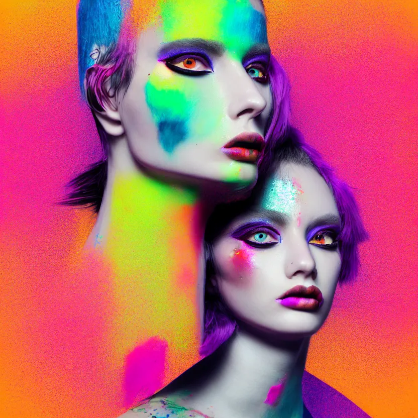 Prompt: full frontal portrait of a post modern hybrid fashion model with an exuberant makeup, metaverse style, colorful, photo realistic, octane render, vray, detailed, halftoned, editorial illustration, matte print, grainy light, ( ( dither ) ), risograph, high contrast, screen print, grainy texture