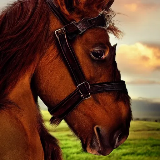 Prompt: A photo of a horse but the head is from frodo the hobbit