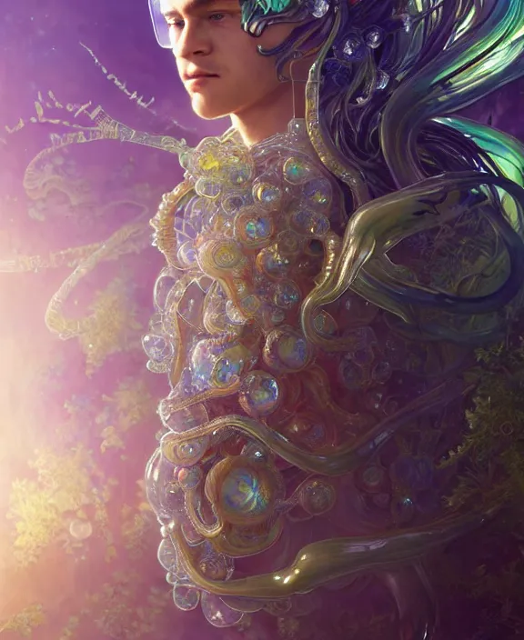 Image similar to intricate ornate opulent transparent clear see - through crystal portrait of a gundam beautiful male alien sea slug, mottled coloring, adorable, childlike, overgrown jungle environment, ultra realistic, concept art, art nouveau, photorealistic, octane render, 8 k, unreal engine. art by christopher marley and artgerm and greg rutkowski and alphonse mucha