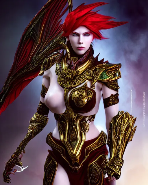 Prompt: red - haired final fantasy white marble egyptian pharaoh with her rainbow - dragon, warframe armor, regal, attractive, ornate, sultry, beautiful, elize theron, pretty face, green eyes, scifi platform, 4 k, ultra realistic, epic lighting, illuminated, cinematic, black gold, stained glass, art by alexandra petruk, voidstar