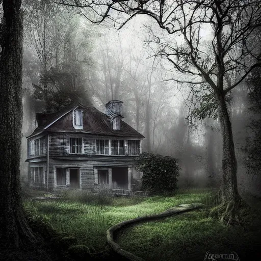 Prompt: old house in ethereal lush forest with mystical ambiance and fog, desaturated, realistic, sharp focus, highly detailed, by artgerm