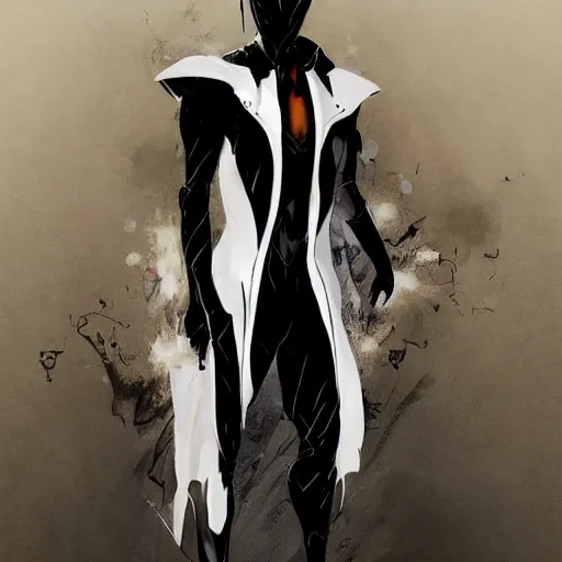 Prompt: full body portrait of a character in sleek clothes, in a futuristic flowing white tailcoat, wearing a white insectoid mask with many lenses for eyes, many eyes, dramatic lighting, illustration by Greg rutkowski, yoji shinkawa, 4k, digital art, concept art, trending on artstation