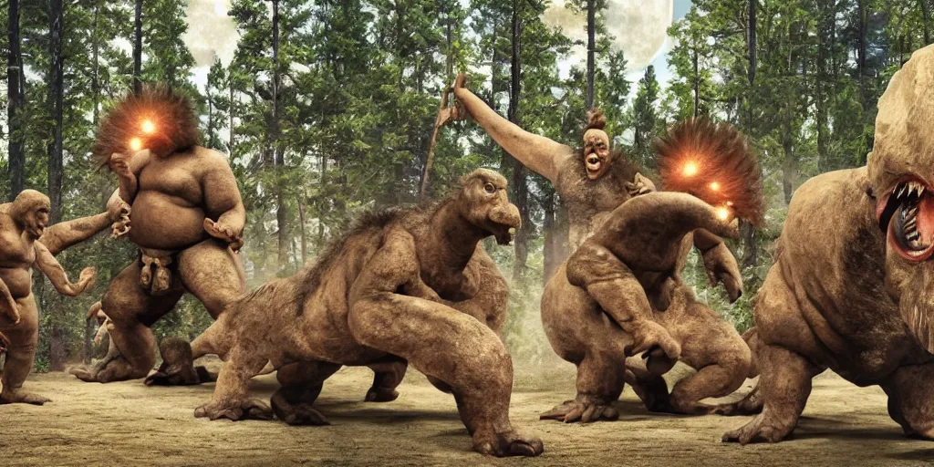 Image similar to photo, neanderthal people, sumo japanese, eating inside mcdonalds, surrounded by dinosaurs!, gigantic forest trees, sitting on rocks, bright moon