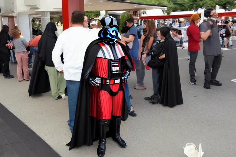 Prompt: darth vader waiting in line to get foot from MC Donalds