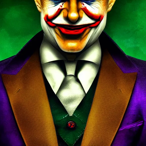 Image similar to Portrait of vVladimir Putin as the Joker DC comic, amazing splashscreen artwork, splash art, head slightly tilted, natural light, elegant, intricate, fantasy, atmospheric lighting, cinematic, matte painting