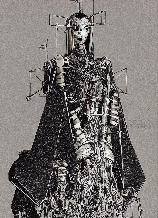 Image similar to 2 d illustration, grained risograph, vintage horror sci - fi portrait of a futuristic silver armored geisha district 9 cyborg, parallax, fractal, intricate, elegant, by jheronimus bosch and moebius louis jacques mande daguerre and szukalski