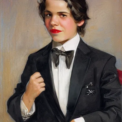 Image similar to a Latino young man with long shaggy brown hair, sly eyes, and a mischievous smile wearing a tuxedo and e-boy chains. WLOP, JC Leyendecker