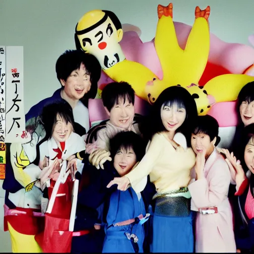 Prompt: film still of a ridiculous japanese tv show. kodak gold 3 5 mm.