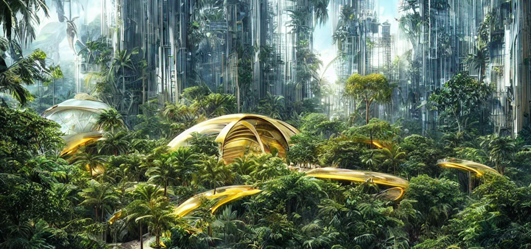 Prompt: futuristic shinny golden building in an jungle landscape of a biopunk city by artgerm, movie poster, film still