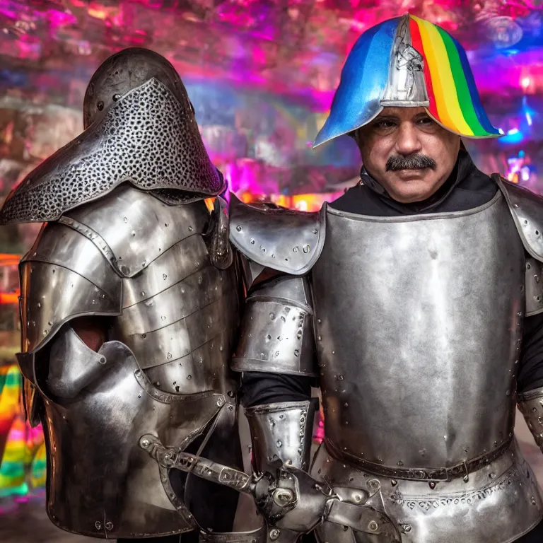 Image similar to High quality photograph from a middle aged Latin man with short hair, with facial hear, wear a medieval knight armor with open helmet, stands inside a queer pride rainbow bar UHD 8K