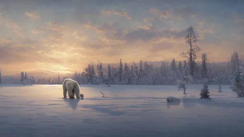 Image similar to the most beautiful panoramic landscape, oil painting, where a giant dreamy lake is frozen, a giant polar bear is exhaling steam while walking over the frozen lake, the frozen lake is reflecting the giant polar bear and the ray lights of the sunrise are brightening him, by greg rutkowski