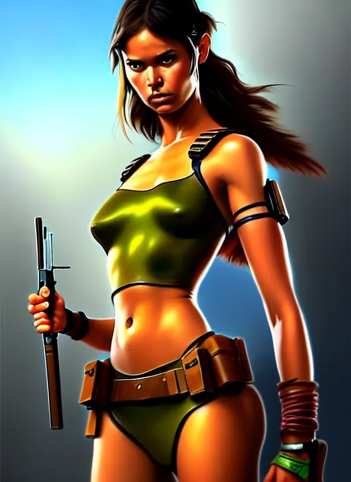 Image similar to portrait of young lara croft as an amazon girl, full body, painted by stanley artgerm, boris vallejo, fantasy art, sleek curves, sharp focus, trending on artstation hq, deviantart