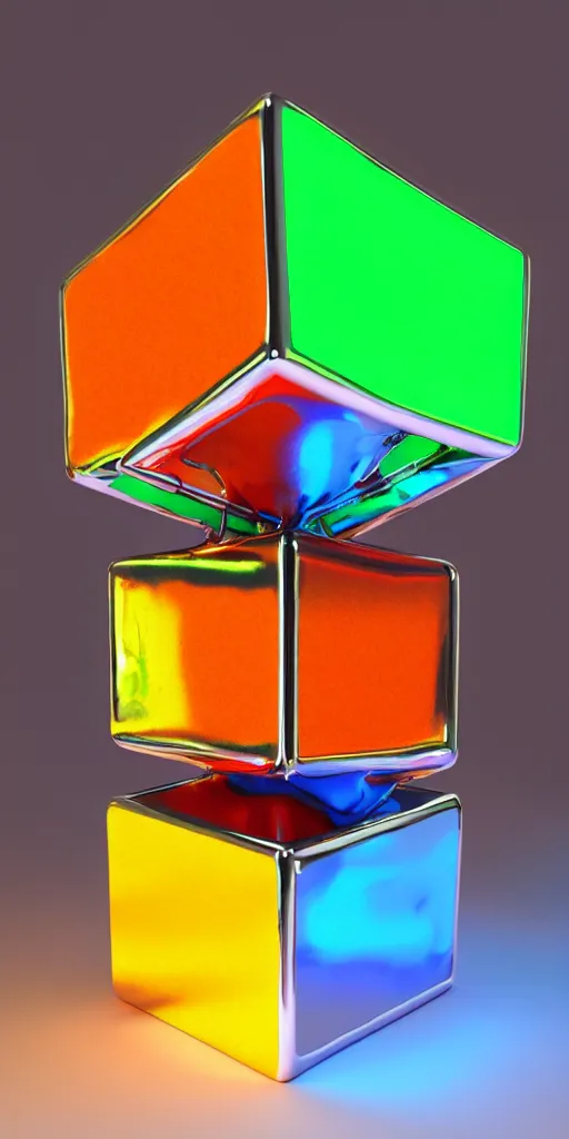 Prompt: 3 d photographic render of a cube sculpture made of chrome, neon circles around, chrometype, made of liquid metal, neotribal with thorns and thunders, raytracing, hyper realistic, volumetric lightning, 8 k, by zhelong xu and ouchh studio