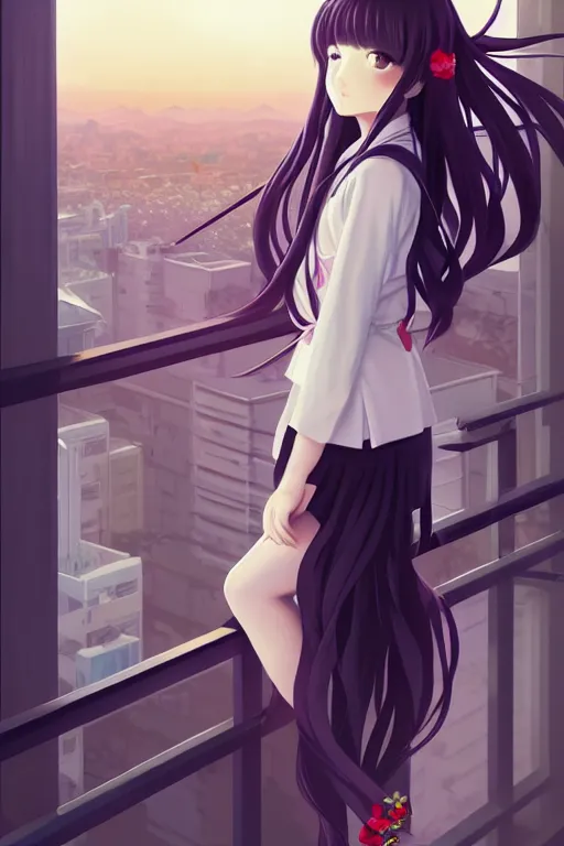 Image similar to beautiful full body portrait of a lone anime female with long flowing hair, wearing Japanese school uniform, standing on a balcony overlooking downtown Tokyo, D&D, fantasy, intricate, elegant, highly detailed, digital painting, artstation, concept art, smooth, sharp focus, illustration, art by ilya kuvshinov and WLOP and Ruan Jia and Krenz Cushart and greg rutkowski and alphonse mucha