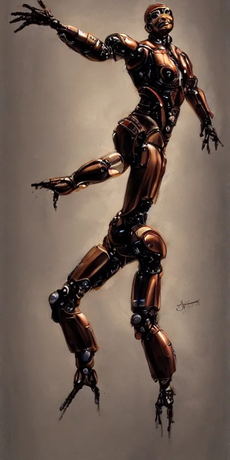 Image similar to a beautiful concept art of human shaped showman dancing cyborg with two arms and two legs by james gurney, trending on artstation.