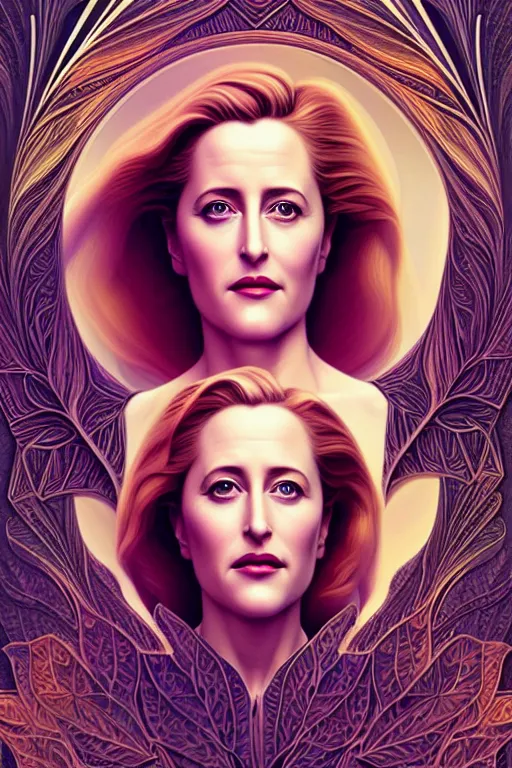Image similar to young gillian anderson portrait, art deco, fantasy, intricate art deco leaf designs, elegant, highly detailed fractals, sharp focus, art by artgerm and beeple and greg rutkowski and wlop