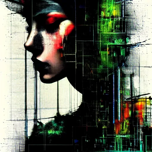 Image similar to portrait of a hooded beautiful women, mysterious, glitch effects over the eyes, shadows, by Guy Denning, by Johannes Itten, by Russ Mills, glitch art, innocent, hacking effects, chromatic, cyberpunk, color blocking, oil on canvas, concept art, abstract