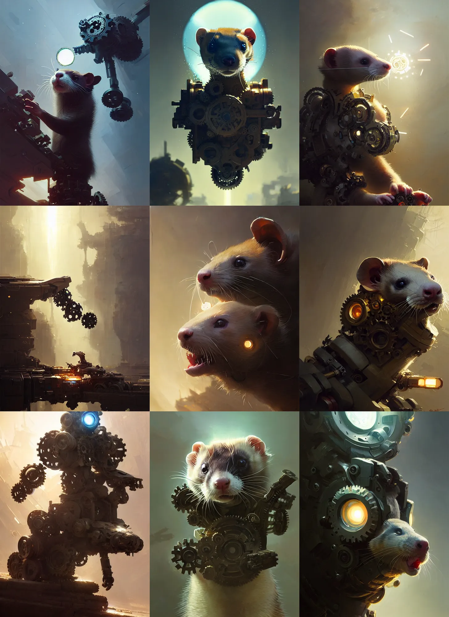 Prompt: ferret made from robotic parts, robotic, gears, intricate, sharp focus, lens flare, bloom, illustration, highly detailed, digital painting, concept art, matte, art by ruan jia and wlop and greg rutkowski, masterpiece