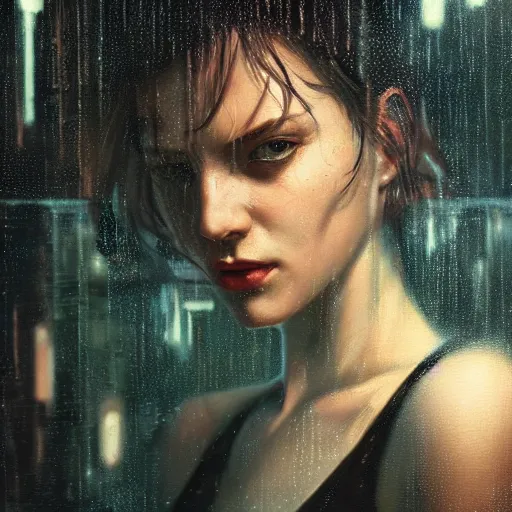 Image similar to detailed portrait of a woman, moment, cyberpunk cloisters, electronic billboards, tech noir, wet reflections, atmospheric, ambient, livia prima, greg rutkowski, edward hopper