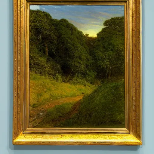 Image similar to Wanderer looking at a lush valley, distant forest, sunset, sunrays, masterful painting by John Everette Millais