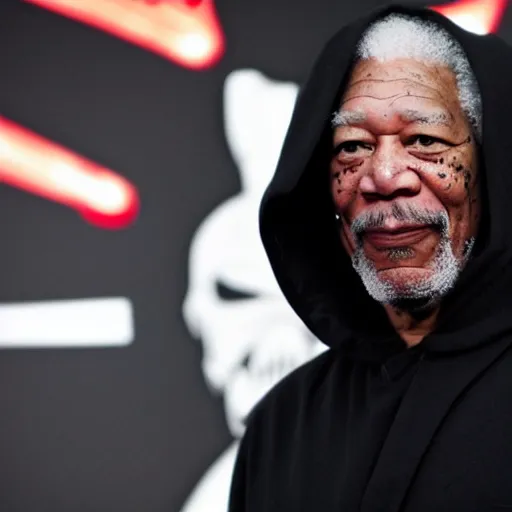 Image similar to Morgan Freeman as a sith lord wearing a hooded black robe with glowing red eyes and casting lightning from his hands