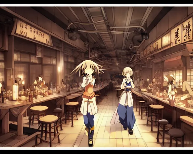 Image similar to anime visual, portrait of a young female walking through a busy tavern interior, face by yoh yoshinari, murata range, last exile, blue submarine no 6, dynamic pose, dynamic perspective, detailed silhouette, cel shaded anime