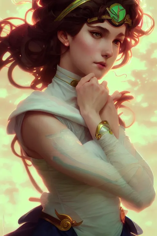 Image similar to Sailor Jupiter, fantasy, intricate, elegant, highly detailed, digital painting, artstation, concept art, matte, sharp focus, illustration, art by Artgerm and Greg Rutkowski and Alphonse Mucha