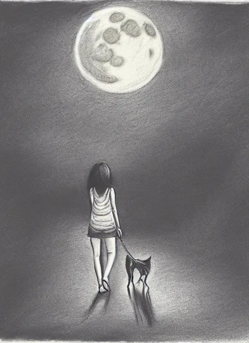 Image similar to young brown woman walking her dog in a park at night with a full moon charcoal drawing