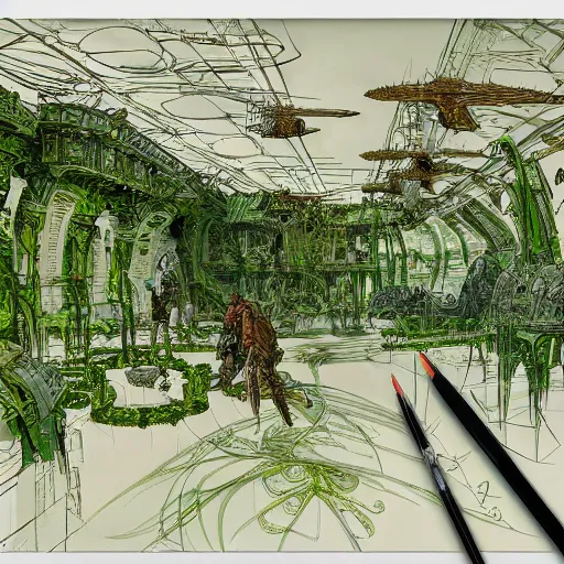 Image similar to annotated highly, detailed and intricate, room full of plants + marker concept art style rendering, concept art, half blueprint, trending on artstation, intricate details, john berkey, vincent di fate, ralph mcquarrie, center frame, annotations, metalic green, kelsey grammer sketch