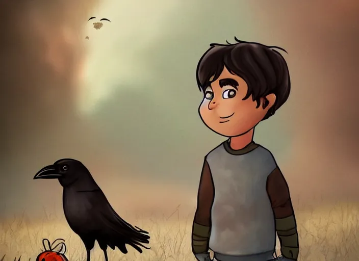 Prompt: cartoon still, a small boy with dark hair, wearing farm clothes, he has a small crow on his shoulder, artstation, character design, by padleton ward