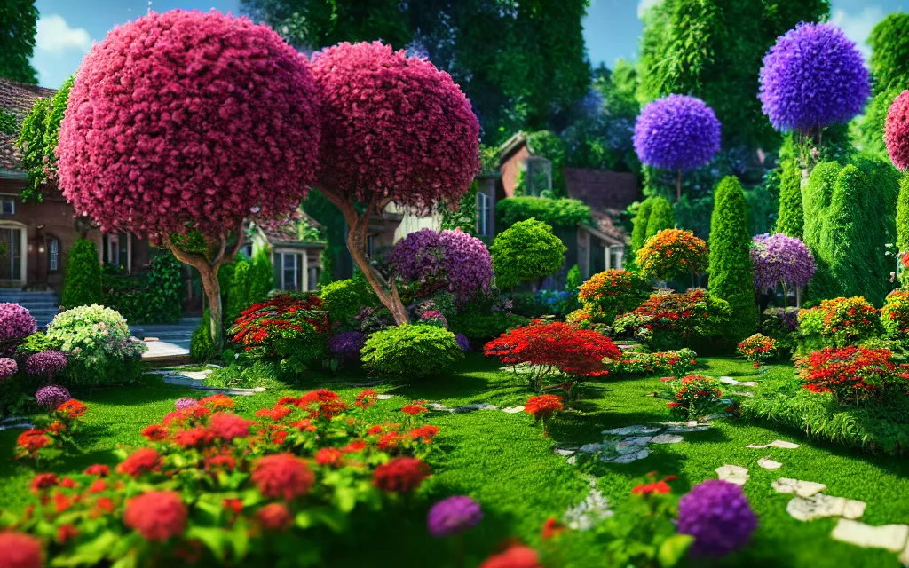 Image similar to a sprawling garden with many flowers and vines, sunny day, beautiful lighting, vivid colors!, highly detailed, cinematic, octane render, 4 k, trending on artstation, deviantart featured