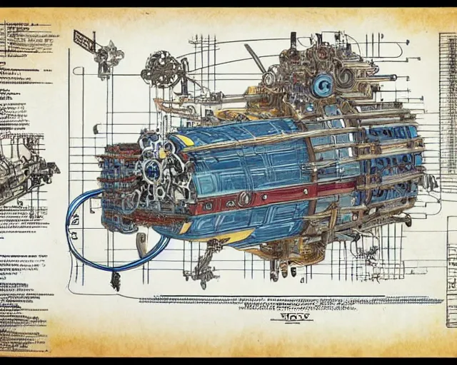 Image similar to a full page of a mechanical blueprint showing a cutaway design for a mechanized pikachu from howl's moving castle ( 2 0 0 4 ), with a big head, muted colors, post grunge, studio ghibli, hq,