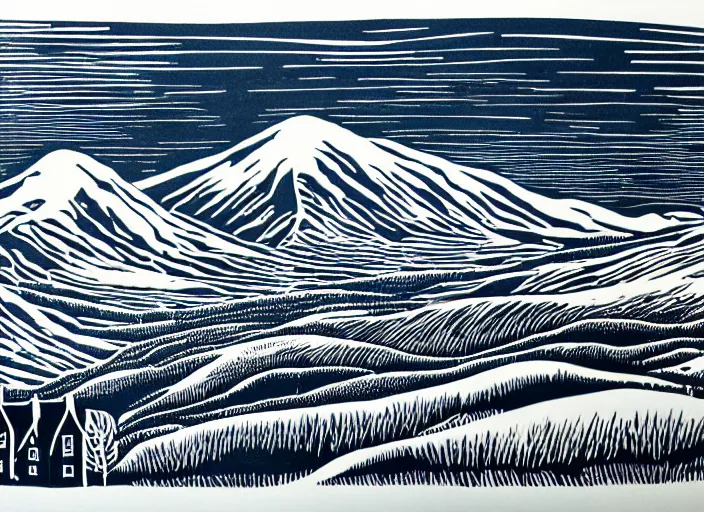 Image similar to a beautiful linocut print on paper of The highlands of Scotland