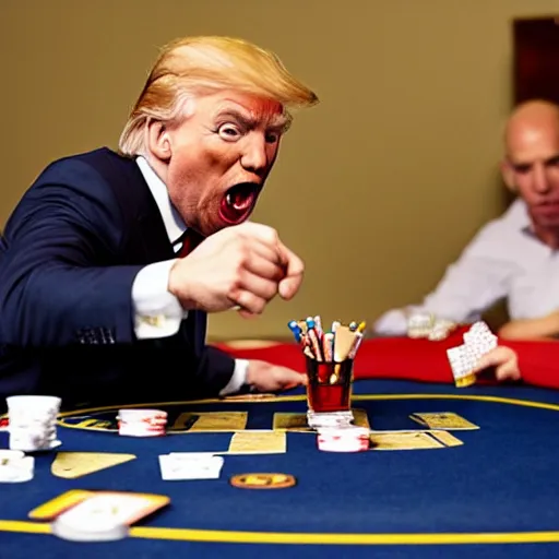 Prompt: donald drump shouting and screaming at poker table