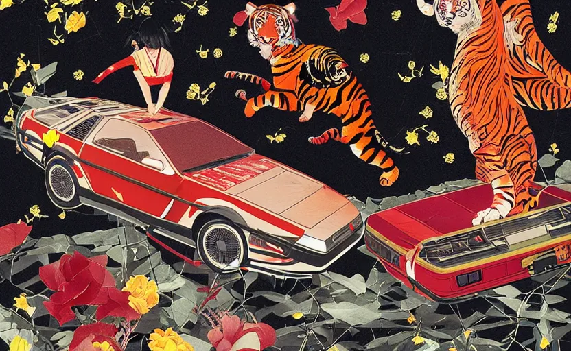 Prompt: a red delorean x a yellow tiger, art by hsiao - ron cheng & utagawa kunisada in magazine collage style # de 9 5 f 0