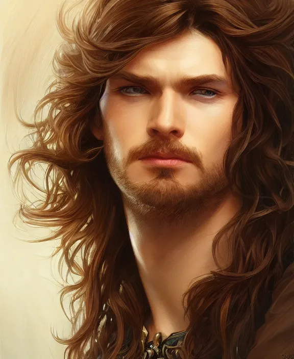 Image similar to portrait close up of guy, concentrated look, symmetry, long hair. d & d, fantasy, intricate, elegant, highly detailed, digital painting, artstation, concept art, art by artgerm and greg rutkowski and alphonse mucha, boris vallejo