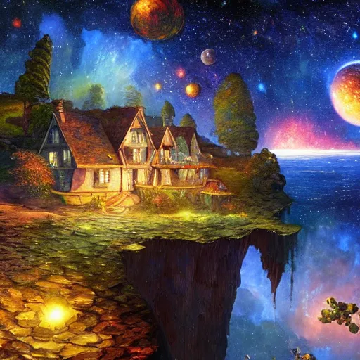 Image similar to cottage in the stars, cliffs of galaxies cryengine render by android jones, james christensen, rob gonsalves, leonid afremov and tim white