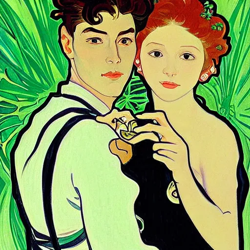 Prompt: painting of handsome young beautiful jeff and gorgeous rina together at the cucumber soup party, elegant, clear, painting, stylized, art, art by alphonse mucha, vincent van gogh, egon schiele,