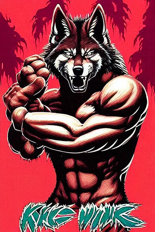 Image similar to extreme long shot. 8 bit nes graphics. antropomorphic muscular masculine wolf. kickboxer fighter, in shorts. wolf head. angry. fine details, very sharp, art from nes game cartridge, 8 0's, vhs artefacts, vaporwave style, marc simonetti and hermann nitsch and anish kapoor.