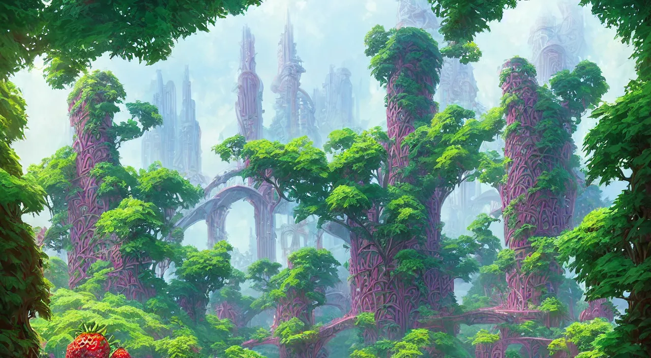 Image similar to Strawberry bushes fall time futuristic temple of olympus glory sci-fi city of Atlantis hill valley grec greeble wood bridge painting of tower ivy plant in marble , behance hd by Jesper Ejsing, by RHADS, Makoto Shinkai and Lois van baarle, ilya kuvshinov, rossdraws global illumination